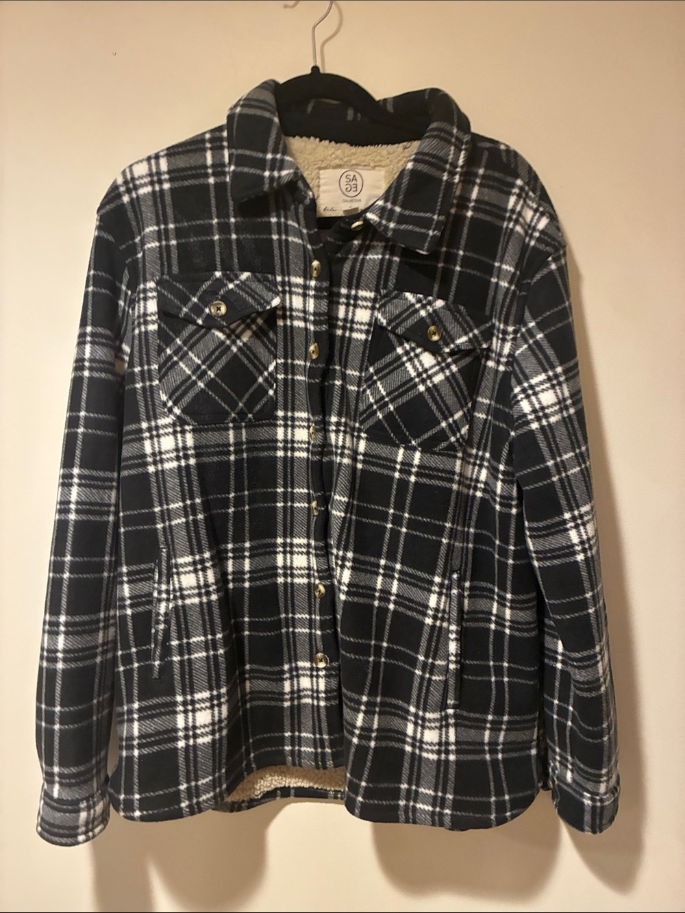 Plaid Sherpa-Lined Teddy Jacket - Black & White Sz L Worn 1X Grunge Cowgirl Rode